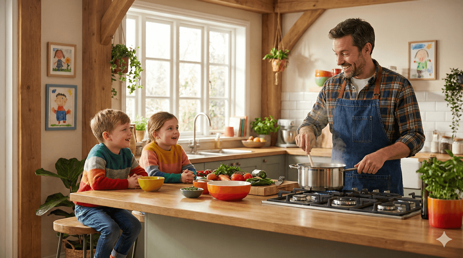 Ein Vater kocht Abendessen, seine zwei Kinder schauen von der Küchentheke aus zu